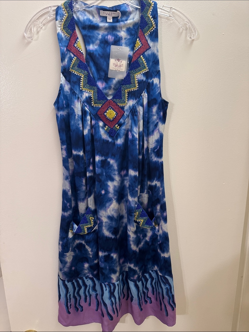 Calypso St. Barth Indigo “Tai” Dress Beaded Silk Sleeveless Tank Dress NWT Small